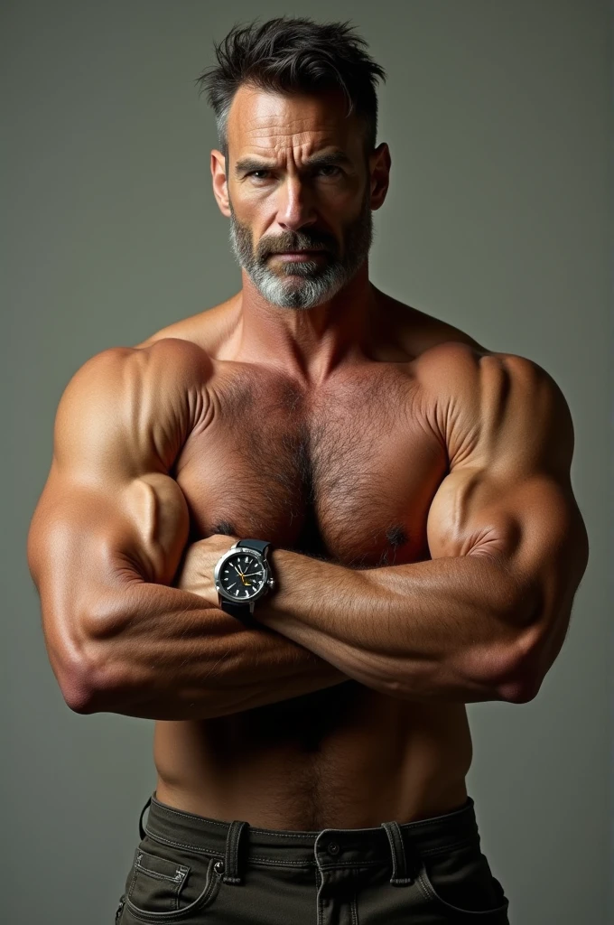 Shirtless hairy man flexing biceps wearing watch
