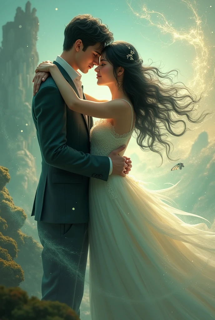 a young girl and a young boy, in their twenties, from fantasy world, she has jet black hair and green eyes, they are in love, they are from kingdom of air