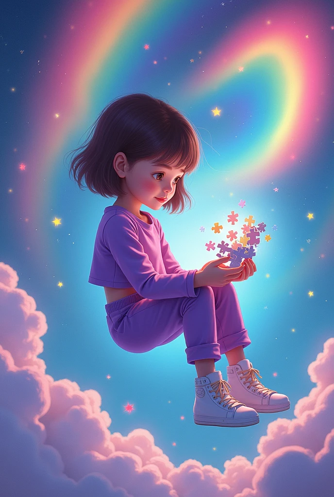 short brown hair 10 year old Girl in a purple crop top Shirt and purple pants and white high cut shoes Floating in space playing Puzzle and rainbows