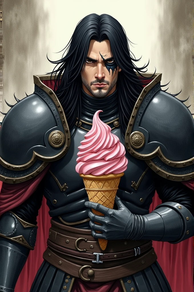 "A man in Guts' armor from Berserk stands confidently, holding a large ice cream. He has a scar over one eye and his hair is styled like Griffith's, with long, flowing locks. The ice cream features intricate details and a realistic texture. The art style should be in the manner of Berserk manga, with highly detailed linework, dramatic shading, and a dark, intense atmosphere."