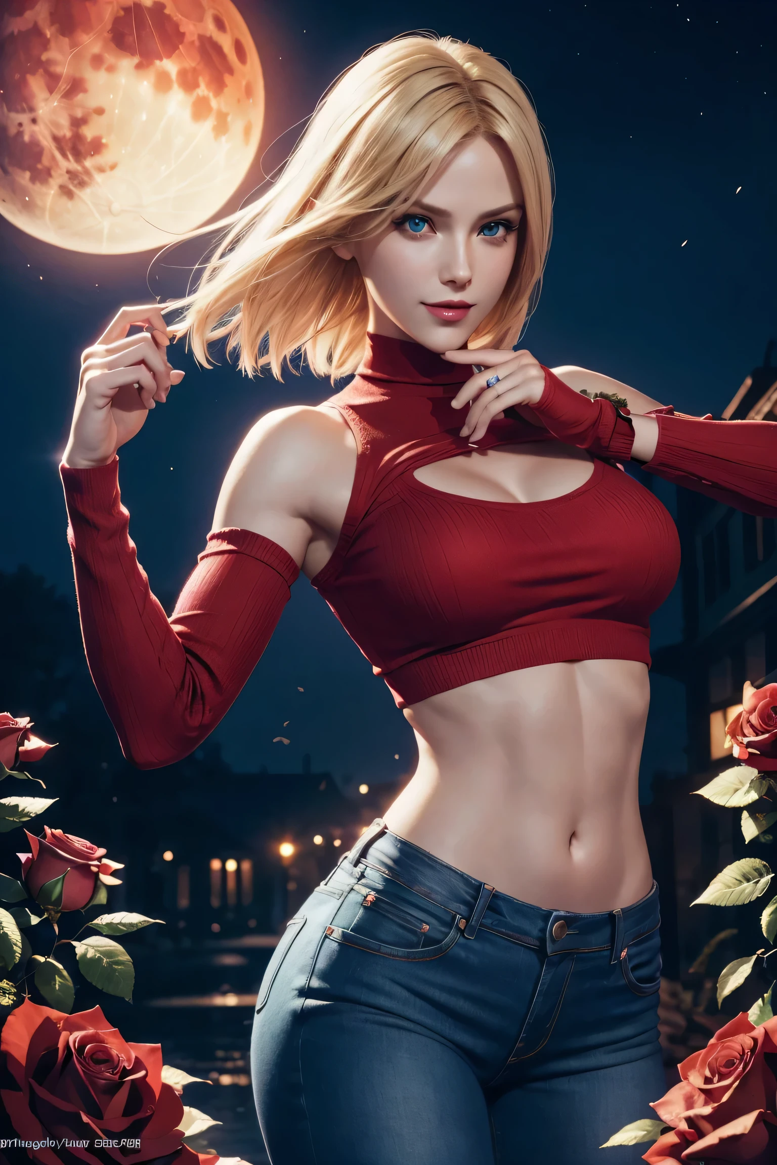 KOF,King of Fighters,Blue Mary,Blue Eyes,Blonde Hair,Medium Hair,Beautiful white skin,Photorealistic,Ultra HD,high quality,masterpiece,Digital SLR,Detailed details,Intricate details,Anatomical basis,Depicted in detail,A detailed face,Realistic skin texture,Vivid details,Perfect Anatomy,Perfect Anatomy,Anatomically correct hand,Anatomically correct fingers,Super Detail,Complex 3D rendering,Sexy pose,Red knit sleeveless top,jeans,Fantasy worldview,Beautiful red sea,Beautiful Red Moon,Beautiful night sky,Petals of roses dance,Picturesque,Pink Lips,smile,