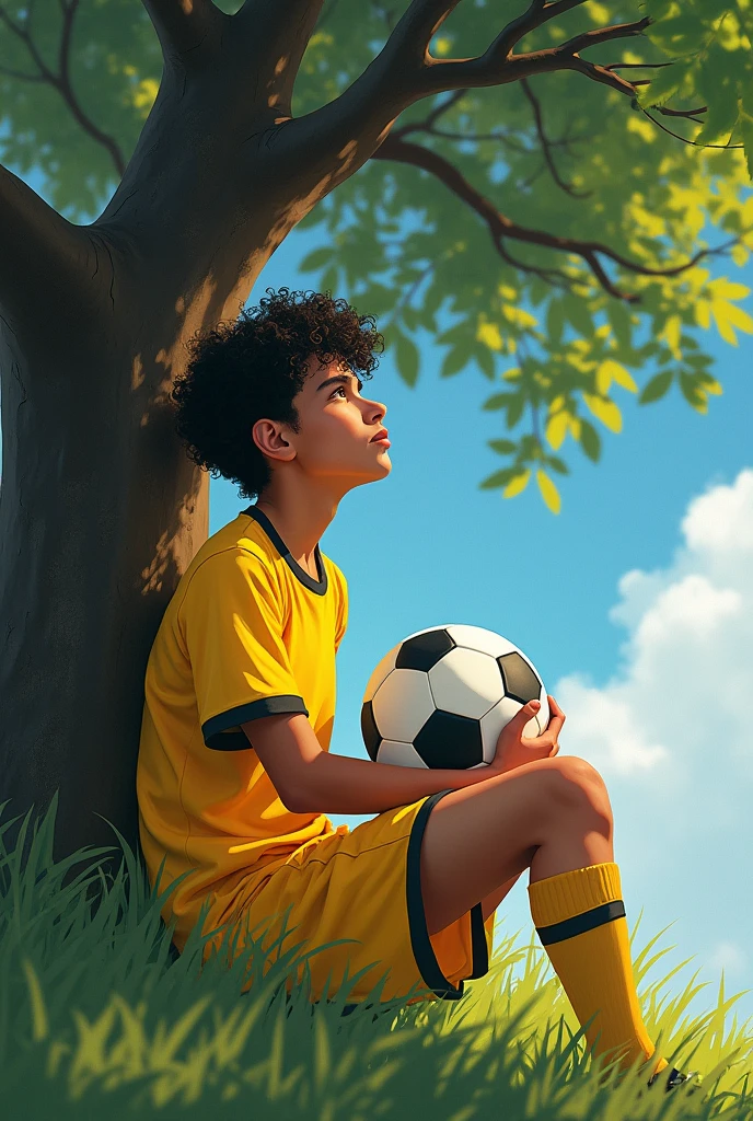 with curly black hair and black eyes in a yellow soccer t-shirt and shorts is holding a soccer ball in her hand and is sitting near a big tree daydreaming and looking at the sky