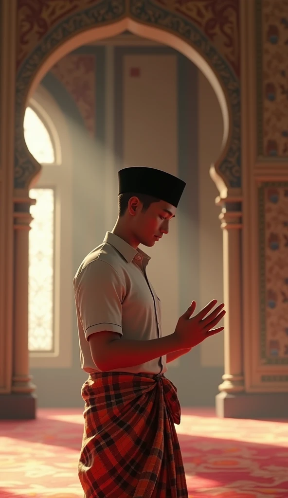 Indonesian man, wear white shirt, black peci, and checkered sarong, sitting praying in the mosque, cinematic 3d animation, full body,