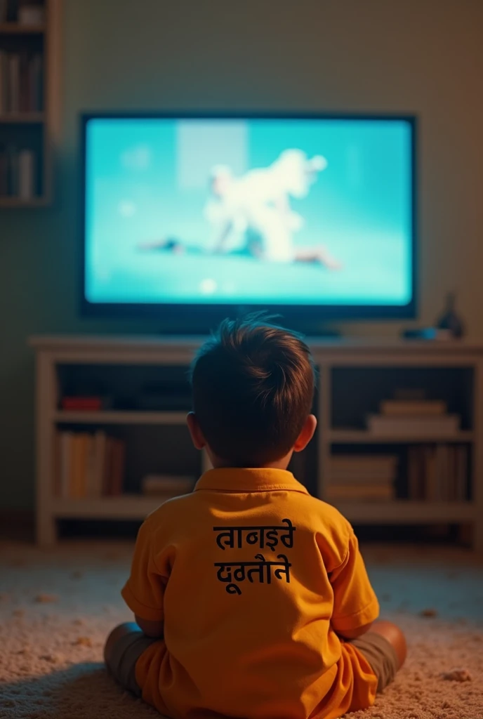 A boy watching TV, whose shirt has Radhe Radhe written on the back in Hindi and the shirt should be of turmeric colour and should look fresh and the boy should be sitting on the side at a little distance from the TV and the TV should be bigger than the height of the boy