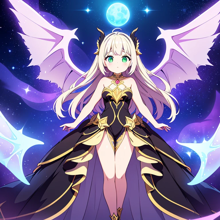 Full body, beautiful eyes , 1 girl  , full body , cute girl , anime style , cute eyes  , (standing up) , (Hair: Lyra’s platinum blonde hair takes on a more luminous quality, with subtle streaks of silver and pale lavender running through it, reminiscent of the colors of the night sky.
Eyes: Her green eyes glow with a bright, almost otherworldly light, giving off an aura of both power and serenity.
Outfit: In her Noctulux form, Lyra’s outfit transforms into a more elaborate and regal ensemble. She wears a black and gold dress that flows around her like the night, with wings that appear to be made of stardust and twilight. The dress has intricate designs that shimmer with a faint light, adding to the mystical appearance.
Wings: One of the most striking features of her transformation is the emergence of large, bat-like wings. These wings are adorned with celestial patterns, glowing softly as if they are made of starlight. The wings allow Lyra to hover gracefully in battle, giving her a commanding presence.
Aura: Lyra is surrounded by a soft, shimmering aura that resembles the glow of the moon. This aura pulses gently, signifying her connection to the celestial powers of Noctulux.) , ballgown , puffy ballgown  , (Sleeveless gown) , (strapless gown) ,