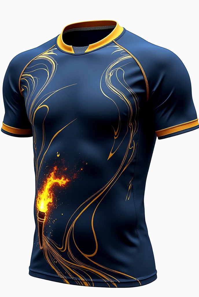 Interclass shirt A sports shirt with a dynamic and striking design. The shirt has a deep navy blue base with an abstract swirl pattern covering the entire surface., giving a sense of movement. A graphic of a prominent torch, with a bright yellow outline, is positioned at the bottom left, symbolizing energy and determination. The collar and sleeve edges are highlighted with a contrasting gold, adding vibrancy to the design. A small gray section around the collar breaks up the dark color scheme., providing balance to the overall look. extravagant