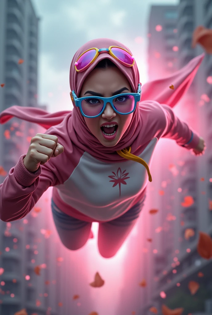 Malaysia women a realistic masterpiece. Human .wear pink watch.. 1girl wearing a hijab, detailed beautiful face, Hijab Muslim. Wear long sleeve moder design mixed sew pink white. anger face, minimalist flower on shirt. anger face. Open mouth. Glowing power pink. . Wear pink white.small Safety Pink yellow glasses google spectacle top of the headband rubber. Age 20 year old. Flying position. Fast fly. Panning effect Photography . Flying high hand under aeroplane have a super strong power.. punch . Fight pose. Bokeh background. fist front.. At the city. Bad waether. , detailed lips, long eyelashes. Hero, modest expression, delicate facial features, natural skin tones, , detailed folds and textures of hijab, natural lighting, high quality, photorealistic, 8k, best quality. Malaysia girl. Floating nd dry leave. ). . fast flying ffect. Wear blue big glasses big frame. Braces teeth. Boleh background. Pannin
