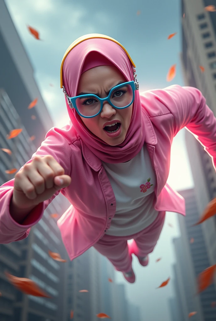 Malaysia women a realistic masterpiece. Human .wear pink watch.. 1girl wearing a hijab, detailed beautiful face, Hijab Muslim. Wear long sleeve moder design mixed sew pink white. anger face, minimalist flower on shirt. anger face. Open mouth. Glowing power pink. . Wear pink white.small Safety Pink yellow glasses google spectacle top of the headband rubber. Age 20 year old. Flying position. Fast fly. Panning effect Photography . Flying high hand under aeroplane have a super strong power.. punch . Fight pose. Bokeh background. fist front.. At the city. Bad waether. , detailed lips, long eyelashes. Hero, modest expression, delicate facial features, natural skin tones, , detailed folds and textures of hijab, natural lighting, high quality, photorealistic, 8k, best quality. Malaysia girl. Floating nd dry leave. ). . fast flying ffect. Wear blue big glasses big frame. Braces teeth. Boleh background. Pannin