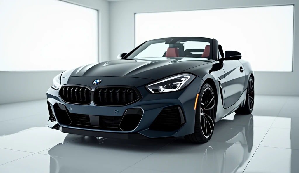 "A front close-up view of the 2025 BMW Z4 M40i in a sleek black color, displayed in a pristine white showroom. The car's aggressive front grille, sharp headlights, and aerodynamic lines are prominently featured, with reflections highlighting its glossy finish. The showroom environment is minimalist, with bright white walls and floors that emphasize the car's presence."