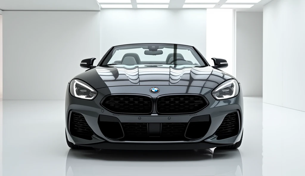 "A front close-up view of the 2025 BMW Z4 M40i in a sleek black color, displayed in a pristine white showroom. The car's aggressive front grille, sharp headlights, and aerodynamic lines are prominently featured, with reflections highlighting its glossy finish. The showroom environment is minimalist, with bright white walls and floors that emphasize the car's presence."
