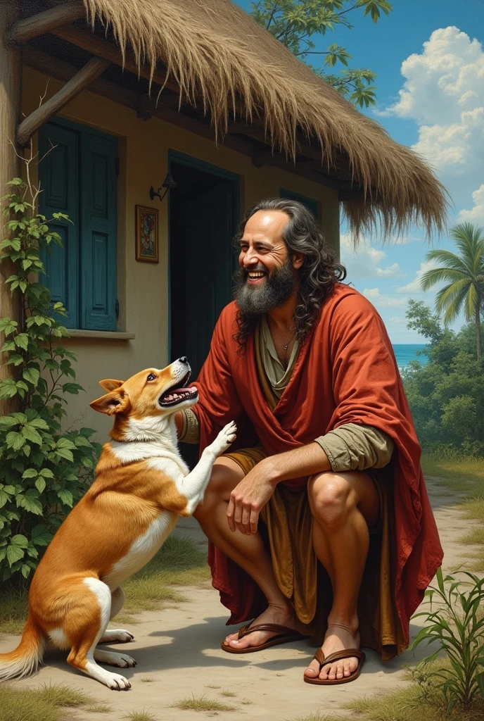 Leonardo DaVinci playing with a dog in front of a little house in the Caribbean