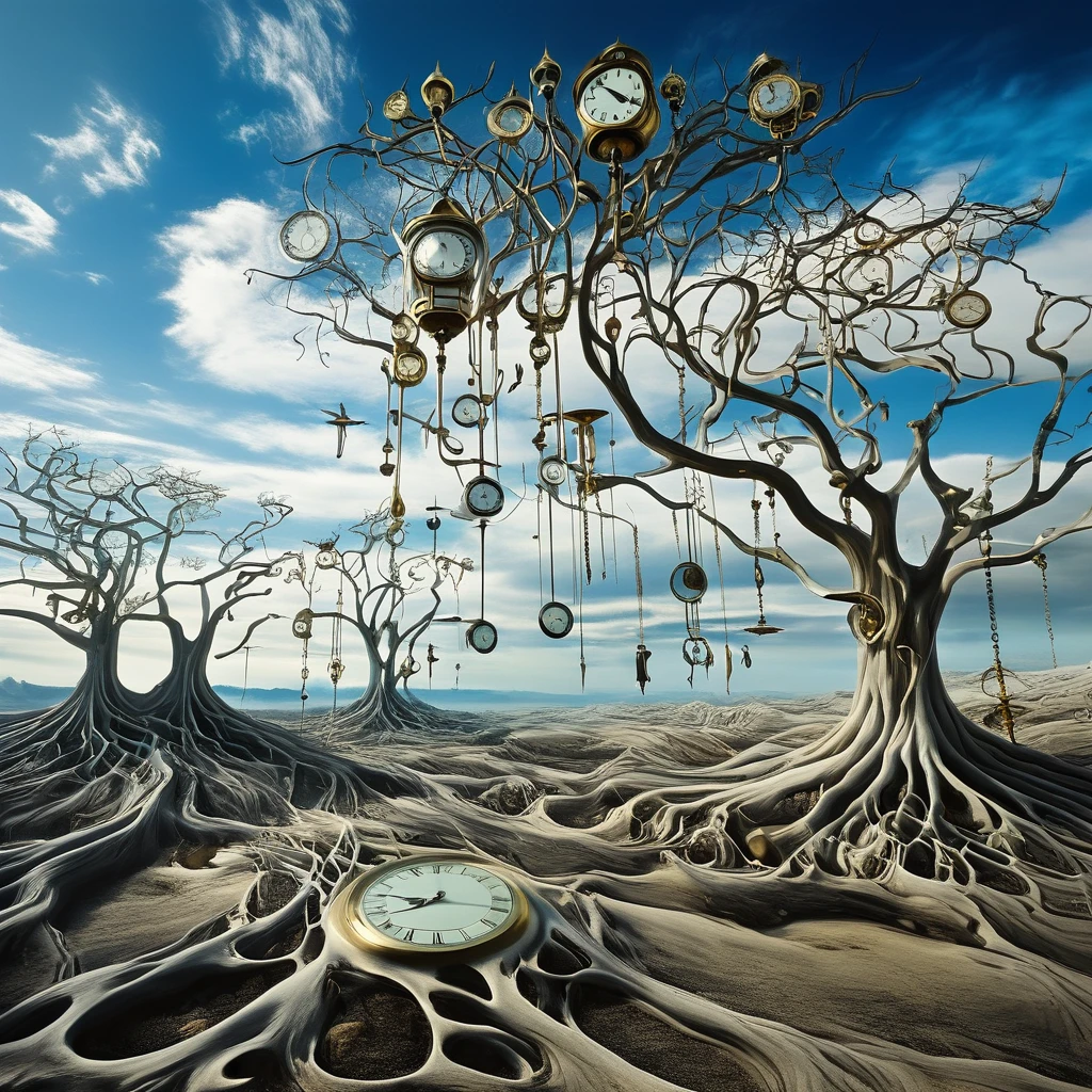 A surreal, Salvador Dali-inspired landscape with melting clocks draped over barren trees and floating in a vast, endless sky. The clocks represent the cyclical nature of time, with their distorted shapes symbolizing the fluidity of perception.