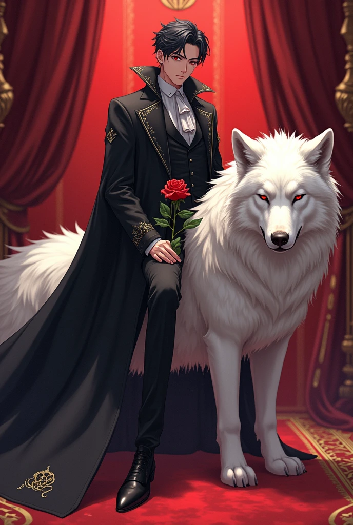A young man, around 1, with a tall and slender build, well-toned muscles, and a perfectly proportioned body. He has a beautifully shaped, slender face with soft, light pink lips that are delicately curved. His nose is well-defined and sharp, and his piercing red eyes, with double eyelids, exude a cold and intimidating aura. His complexion is fair and smooth, and his thick, jet-black hair is casually tucked behind his ears.

He is dressed in a long, pitch-black cloak adorned with lace that gives him a refined and elegant appearance. His demeanor and posture suggest that he is of noble birth.

In his hand, he holds a vibrant red rose that contrasts strikingly with his attire. He sits atop an enormous white wolf with fluffy fur, which is peacefully sleeping on a luxurious thick red carpet trimmed with gold, adding to the overall grandeur of the scene anime style 