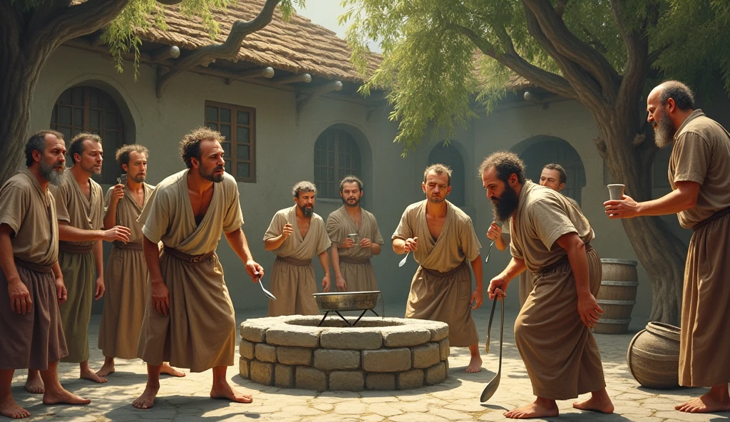 Fools people taking water on the well with spoon