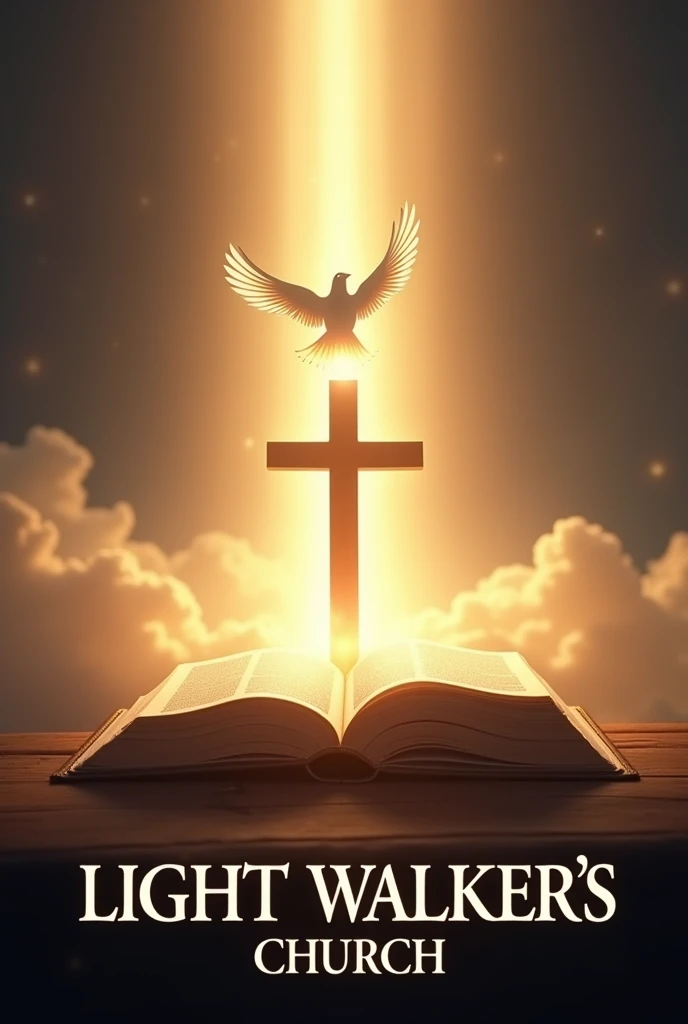 Bright Light shone from Bible with the cross in the middle and holy spirit on top of the cross like a dove, and write boldly "Light Walker's church" at the bottom with Times new roman font, heavenly background