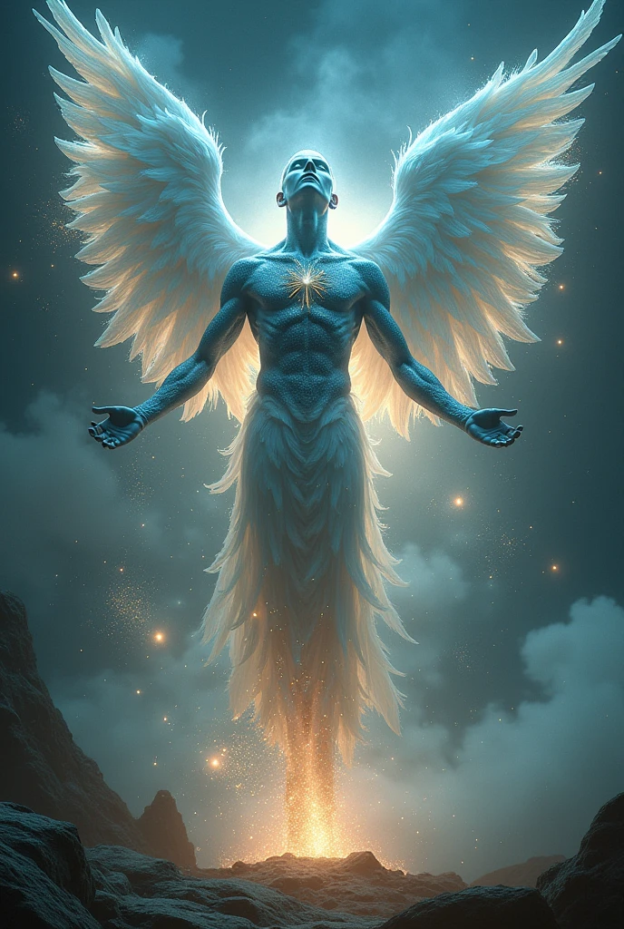 Male man with skin the color of the universe with six wings on his back without a face in 4k