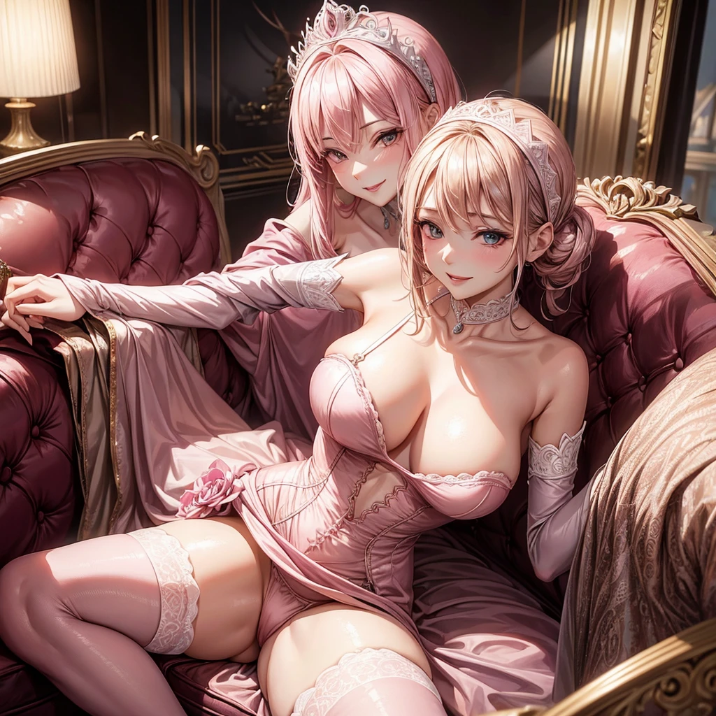 An elegant woman　Lady　Smiling Kindly　Pink Dress　Headband　Big Breasts　stockings　Sit on the sofa