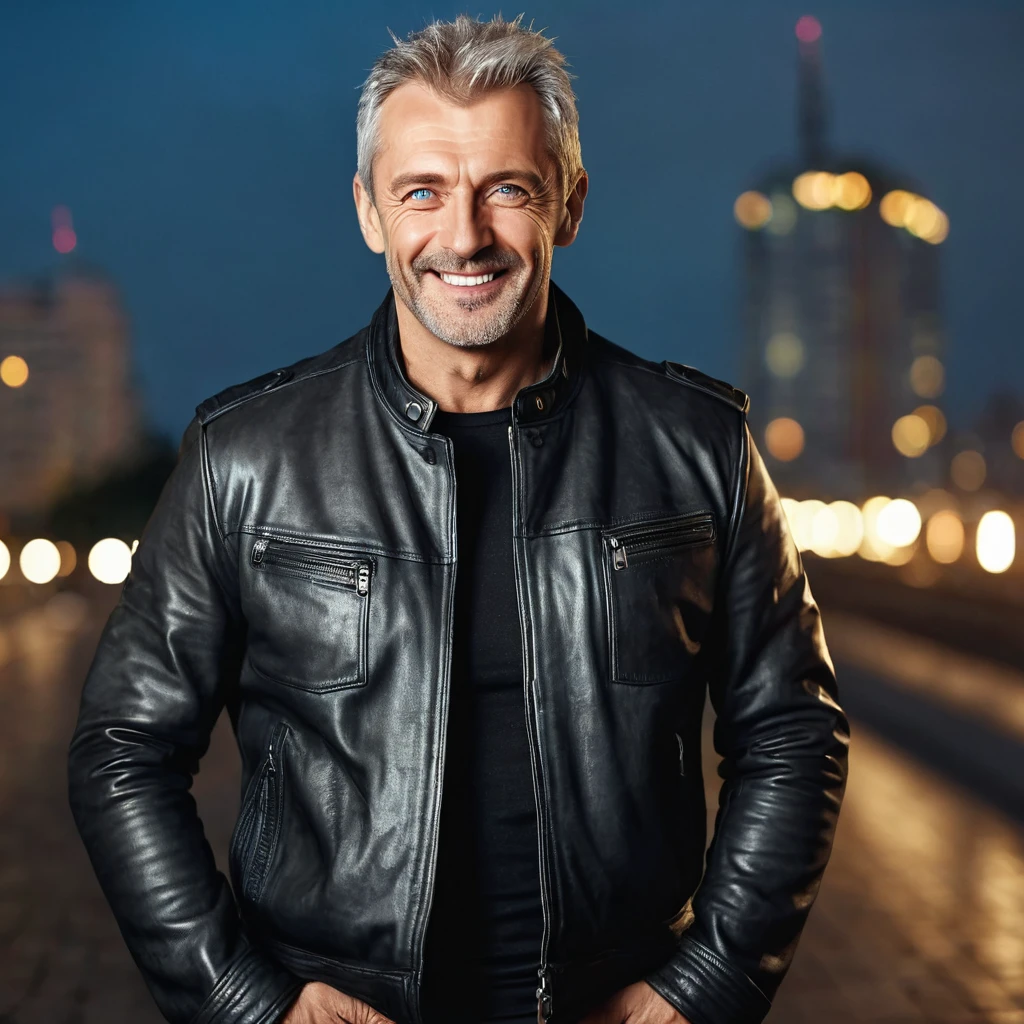 Front view from the waist up of one handsome and very attractive to women mature man of Slavic appearance over forty-five years old with gray-blue eyes and short light and slightly gray hair, sexy confident pose, a pumped up hairy chest is visible, dressed in a black leather jacket on a naked body, looks sexy and smiles darkly, professional lights, hyperrealistic photo, high detail, cinematic style , Night city in the background