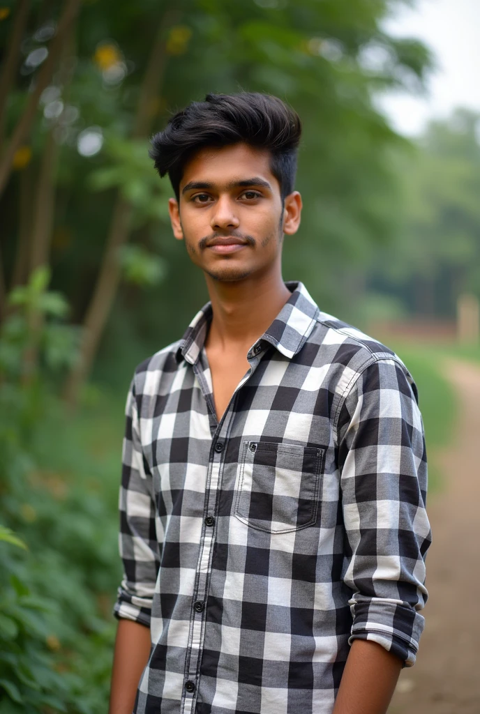 22 year old Indian boy with fair skin and narrow body posing for a picture in check shirts outdoor in background