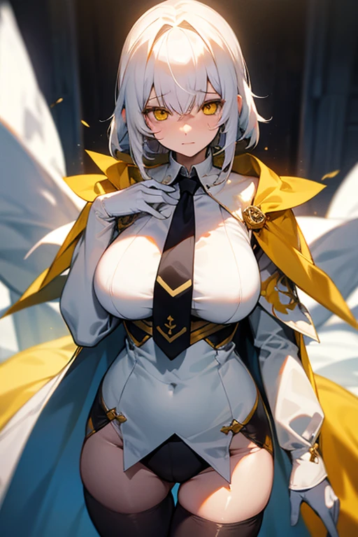 White Hair、tights、White and yellow clothes、Yellow Eyes、tie、Cape、Large breasts、Shortcuts、sexy、Mature、Embarrassed、beautiful girl