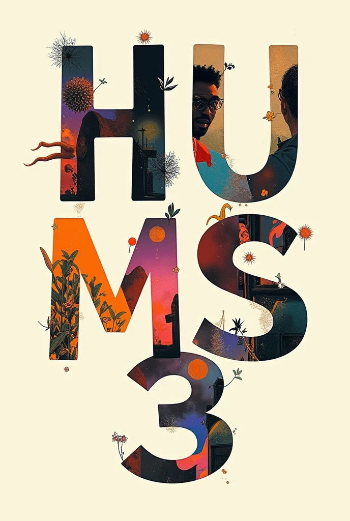 (not photo realism) make a collage lettters saying "HUMSS 3"