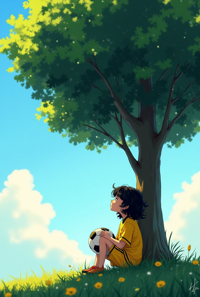  with curly dark hair and black eyes, wearing a yellow soccer t-shirt and shorts, holding a soccer ball in her hand, is sitting near a big tree, dreaming and looking at the sky. 