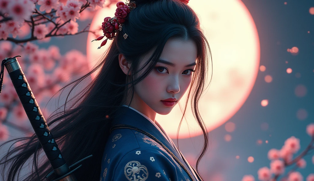 Beautiful samurai, porcelain skin, long black hair, With seriousness, intense expression, Traditional Japanese samurai costume decorated with, Highly detailed clothes, (Holding a Japanese sword:1.5),The Artistic Style of Harrison Fisher and Catrin Welz-Stein, bright colors, Highly detailed, full figure, Cinematic Moonlight, Cherry blossom background, Drama pose, elegant, elegant, king, complicated details, Masterpiece, realistic, 8ก, best quality,(look at viewer:1.5)