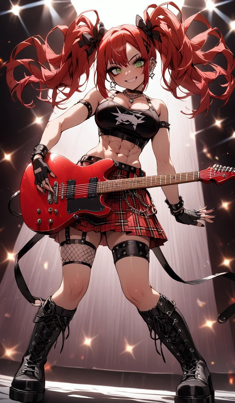 woman, grin, curly red hair in pig tails with ribbons, green eyes, black eyeshadow, wearing crop top black shirt, black jacket, red plaid skirt, black knee high boots, black fingerless gloves, exposed shoulders, large breasts, freckles, abs, cleavage, looking at viewer, masterpiece, best quality, Holo-Punk Style, on stage, rockstar, playing guitar, make up, eyelashes, fish net undershirt, fish net stockings, (full body)