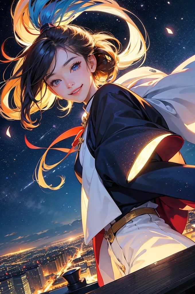 anime style, super fine illustration, highly detailed, dynamic angle, beautiful detailed, 8k, On a summer night, at the observatory at the top of the mountain, BREAK A the Japanese clothing young girl with a smile., transfixed by the beautiful night view of the city, is taking a selfie. Her eyes are shining and she is smiling. BREAK The night view sparkles in the background.