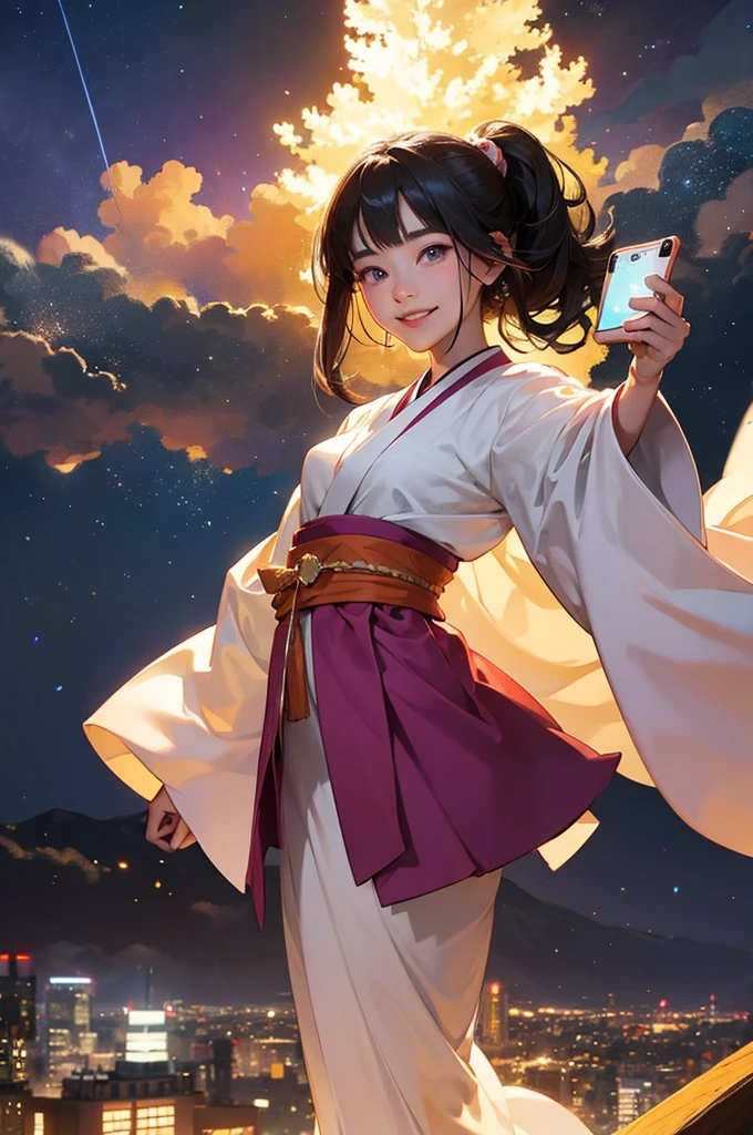 anime style, super fine illustration, highly detailed, dynamic angle, beautiful detailed, 8k, On a summer night, at the observatory at the top of the mountain, BREAK A the Japanese clothing young girl with a smile., transfixed by the beautiful night view of the city, is taking a selfie. Her eyes are shining and she is smiling. BREAK The night view sparkles in the background.
