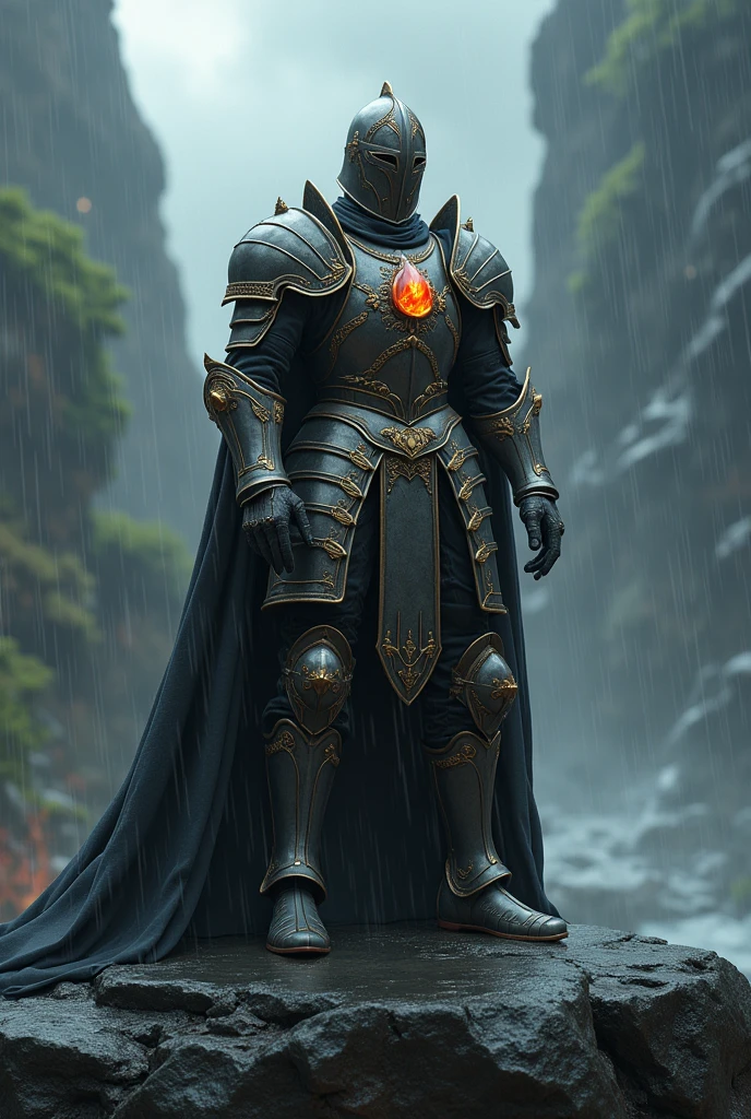 The fire symbol included historical Armor suit on black rock with heavy rain and thunder weather condition