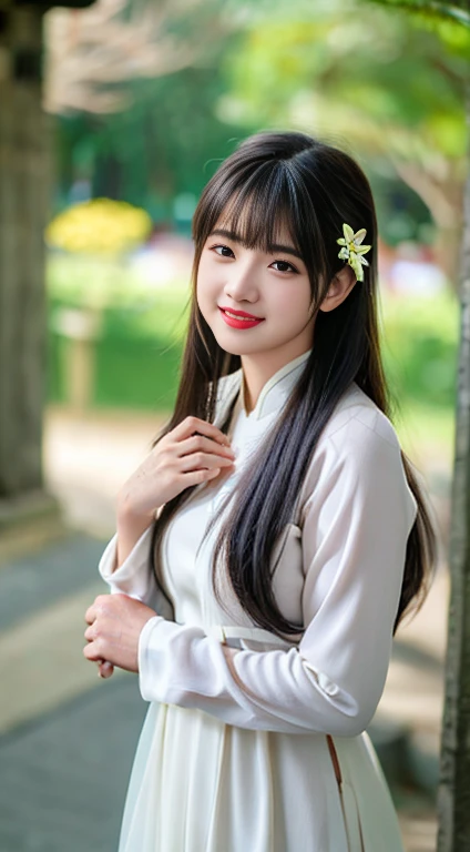 1girl, aodai yellow dress, photo art, (flower:1.2),a stunning photo with beautiful saturation, ultra high res,(realistic:1.4)),deep shadow,(best quality, masterpiece), pale skin, dimly lit, shade, flustered, blush, highly detailed, skinny, BREAK depth of field, film grain, wrinkled skin, looking at viewer, knee, warm smile, (upper body:1.2), masterpiece,ultra realistic,32k,extremely detailed CG unity 8k wallpaper, best quality