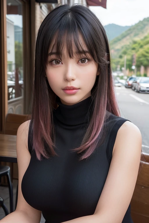 ((Mature woman sitting in front of a cafe)),((Sleeveless, Sheer turtleneck shirt、Lots of debris、I can see the valley:1.3)). 40k, photograph, masterpiece, Highest quality, Dark Gray Background, ((beautiful girl)), ((Ample breasts)), perfectionな顔, perfection , ((Big Breasts)), ((茶色の目と美しい明るいBlack Hairの1人)). Beautiful Japanese Woman，very, Soft breasts and white skin, ((very柔らかい胸)). Highly detailed face, fine grain, Embarrassing, smile, summer, Daytime, Half Body,  (Golden ratio face、plump lower lip、Pink Lips:1.4)、fine grain、Detailed nose、Fine ears、Wet and glossy lip detail、cloud, Color Stone Necklace, (Big Breasts:1.4),(CG Unity 8k high resolution wallpaper), Complex, Attention to detail, Sharp focus, dramatic, beautiful girl, (Black Hair、Blunt bangs, The forehead is hidden by the bangs:1.4)