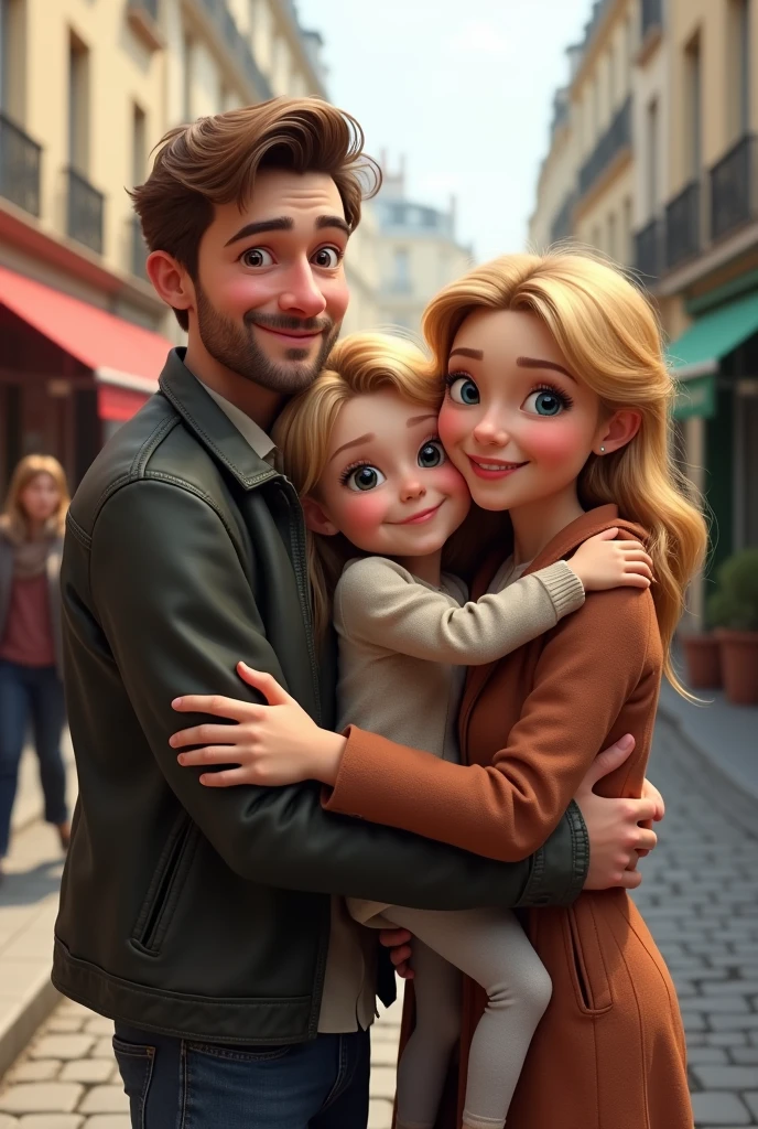 8 year old blonde blue eyes child hugging her father brown hair and eyes and her mother blonde green eyes taking a selfie on the streets of Paris 8k ultra realistic