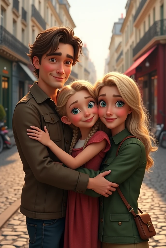 Blonde child with blue eyes, hugging her blonde mother with green eyes and very long hair along with her brunette husband with brown eyes but streets of NY 8k ultrarealistic