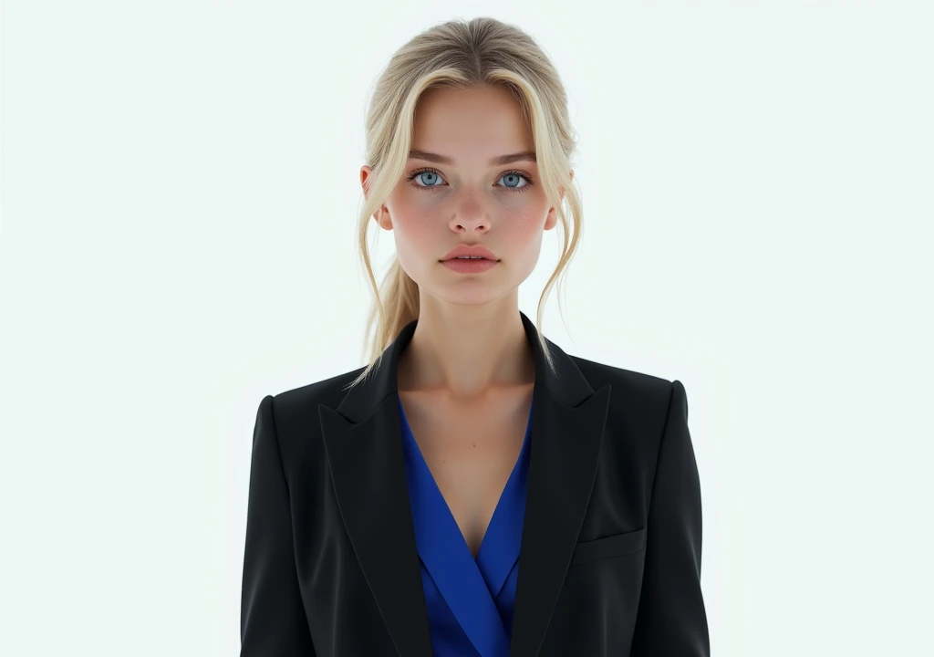 A girl frontal,((two sides up),(A half body),(White color hair),(blue color eyes)),In black suit,Blue lining,Young, White background
