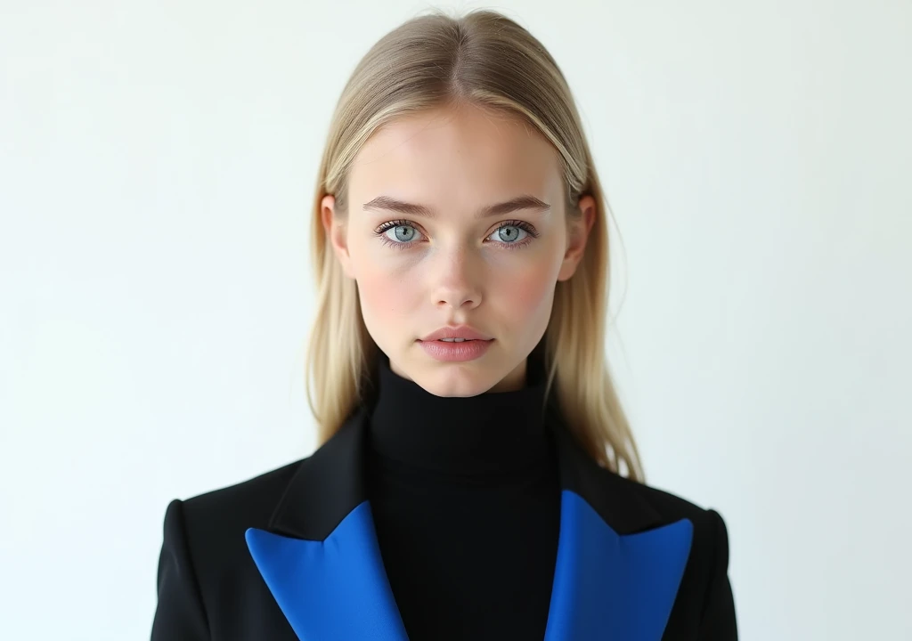 A girl frontal,((two sides up),(A half body),(White color hair),(blue color eyes)),In black suit,Blue lining,Young, White background