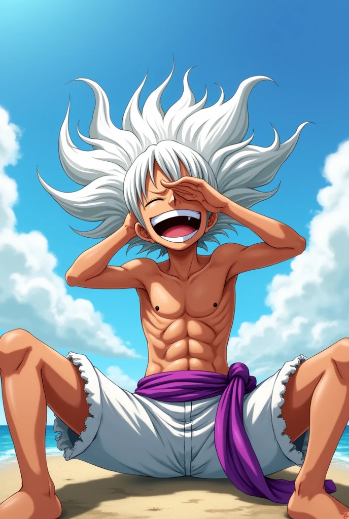 Create an anime-style scene featuring Luffy gear 5 from one-piece in a dynamic pose with white, wild hair, wearing a white outfit, white shorts with a purple sash. The character should have a joyful and exaggerated expression, with their mouth wide open in laughter, while sitting in a laid-back position with their legs spread out. The character's right hand should be shielding their eyes as if looking into the distance. Include a bright sky with some clouds in the background