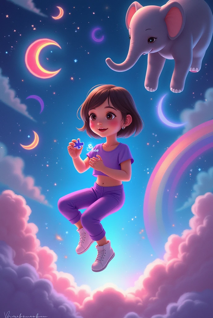 short brown hair 10 year old Girl in a purple crop top Shirt and purple pants and white high cut shoes Floating in space playing Puzzle and rainbows and unicorns and baby elephant