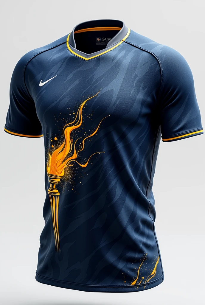 Interclass shirt A sports shirt with a dynamic and striking design. The shirt has a deep navy blue base with an abstract swirl pattern covering the entire surface., giving a sense of movement. A graphic of a large, prominent torch, with a bright yellow outline, is positioned at the bottom left, symbolizing energy and determination. The collar and sleeve edges are highlighted with a contrasting gold, adding vibrancy to the design. A small gray section around the collar breaks up the dark color scheme., providing balance to the overall look. extravagant