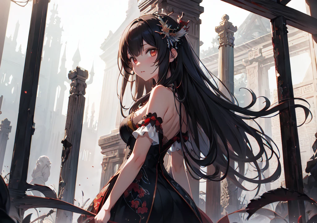 Realistic photos, Focus distance 10mm, Red and white, Beautiful girl, Realistic photos, Shooting at focus distance 10mm, masterpiece, 最high quality, high quality, Very detailed CG 8k wallpaper unit, Award-winning photography, Depth of written boundary, High resolution, bloom, chromatic aberration, Realistic, Very detailed, Art Station Trends, CGsociety Trends, Complex, High detail, dramatic, Art on the go, volumetric lighting, A beautiful girl in Disney Princess style、A scene of standing in front of a cursed temple in the ancient mountains。In the background it is dim、A misty temple and、There is an atmosphere of scary zombies swarming around.。The beautiful girl bravely stands up、Give it a spooky feel that combines Disney magic with horror elements