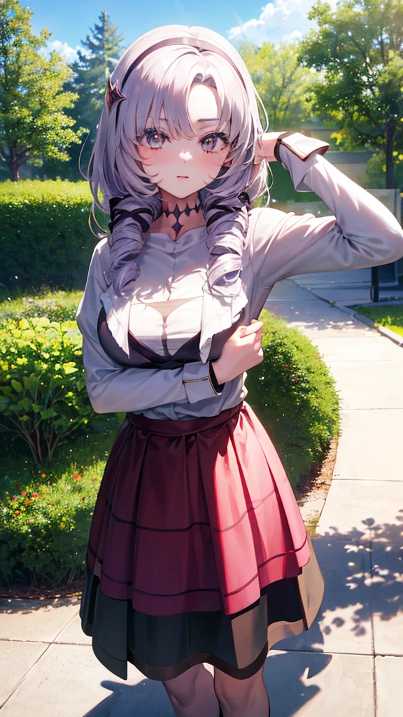 Skirt flip ,  スカートを摘む,(flipping by yourself), テレ顔, 2 girl, (Character: full body), (Sweater), Pleated miniskirt, emphasizes hips, (emphasizes bust), outdoors, sunny, BODY/, (Perfect Hands), (Perfect Anatomy), (Perfect Body Structure), ((2 Arms)), ((2 Legs)). QUALITY/, Masterpiece, Best Quality, High Resolution, Ultra High Resolution, Perfect Pixels, Burned Border Depth, 4k, Ultra Detailed. Saturation/, Studio Lighting, Sharp Focus, Bright Colors, Portrait, Warm Tones, Soft Lighting.