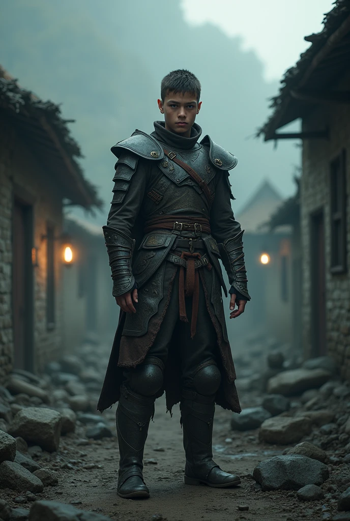  A young warrior with piercing eyes and a calm demeanor, standing alone in a mysterious and fear-filled village