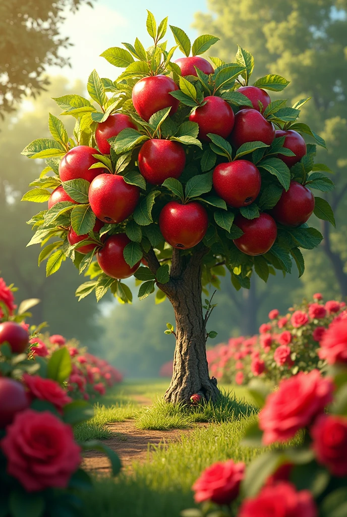 Red, red, the apples on the tree,
Like the roses in the garden, come and see!