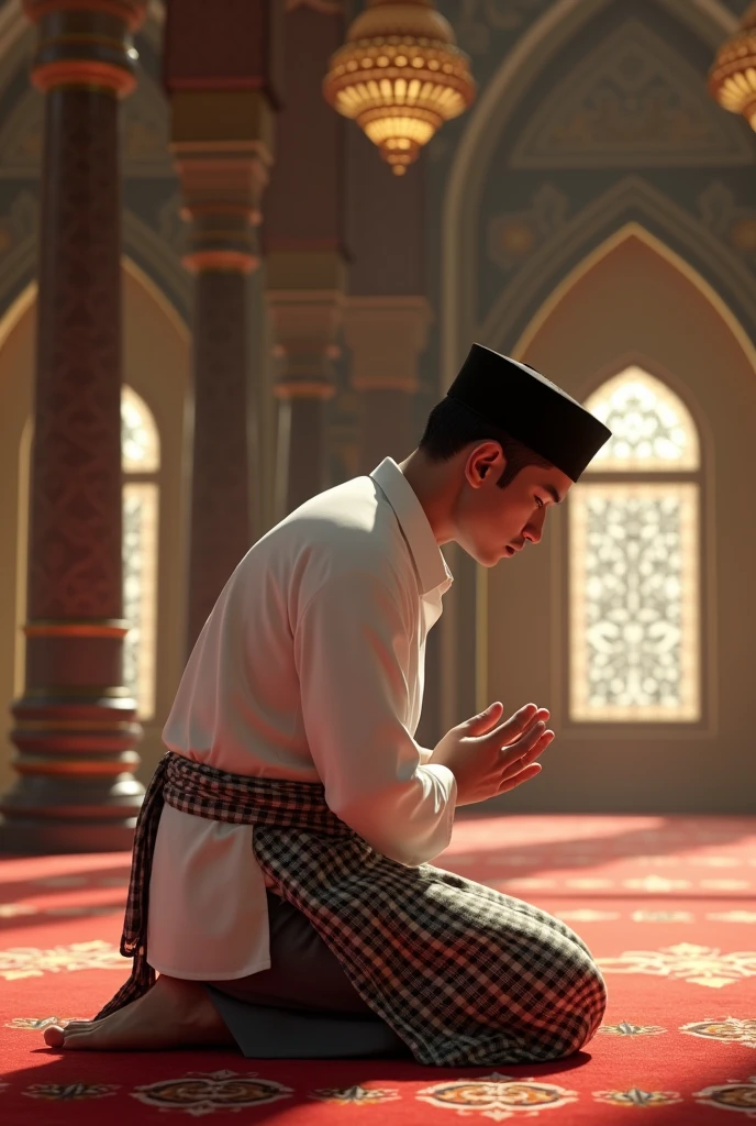 Indonesian man, wear white shirt, black peci, and checkered sarong, sitting praying in the mosque, cinematic 3d animation, full body, 