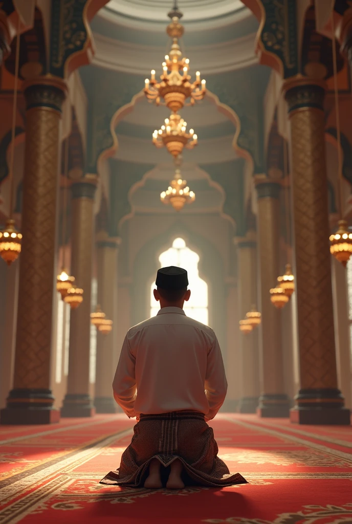 Indonesian man, wear white shirt, black peci, and checkered sarong, sitting praying in the mosque, cinematic 3d animation, full body,