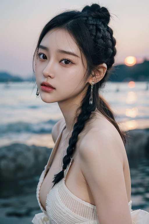 best qualtiy,tmasterpiece,超高分辨率,(realisticlying:1.4),RAW photogr,1个Giant Breast Girl,黑The eye,trpical garden,long whitr hair,Light makeup,cparted lips,tiny ears,pink short,耳Nipple Ring,slim