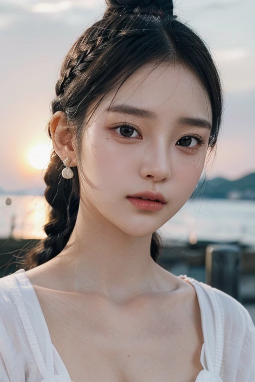 (22 year old Japanese beautiful girl,), (Small breasts:1.5,),(solo,Textured skin, Detailed skin,Detailed face,Detailed eyes,detailed posing,Natural eyebrows,High detail, Highest quality, Super detailed, Surrealism, ,8k,RAW Photos,Photographicism,Professional Lighting,Ray Tracing,Aperture F1.2,Portrait Photography,Natural Light),(((Black Hair, Natural Makeup,Simple earrings,Braided topknot, coastal,Magic Hour))),((Salonpas in white))