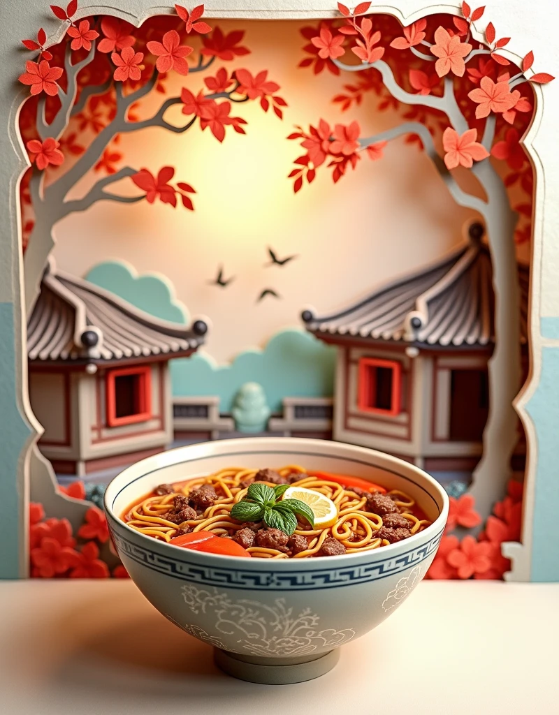 A paper cut, super detailed, kirigami art, a paper cut demonstrates a bowl of Vietnamese beef noodle soup on a table, behind the noodle bowl are trees and bird and a silhouette of an ancient vietnam house