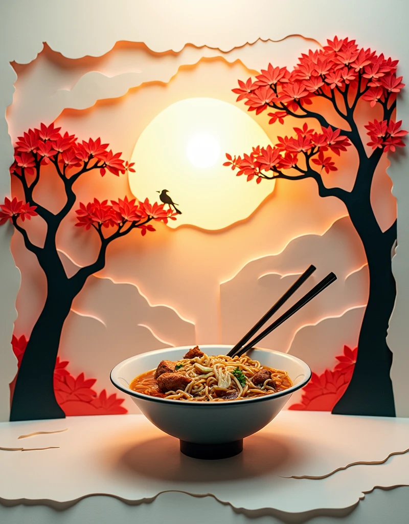 A paper cut, super detailed, kirigami art, a paper cut demonstrates a bowl of Vietnamese beef noodle soup on a table, behind the noodle bowl are trees and bird and a silhouette of an ancient vietnam house
